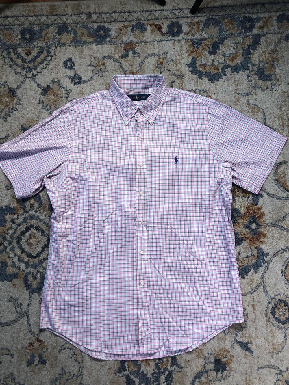 Ralph Lauren Shirt Mens Large Pink Check Short Sleeve Button Down Pony Logo